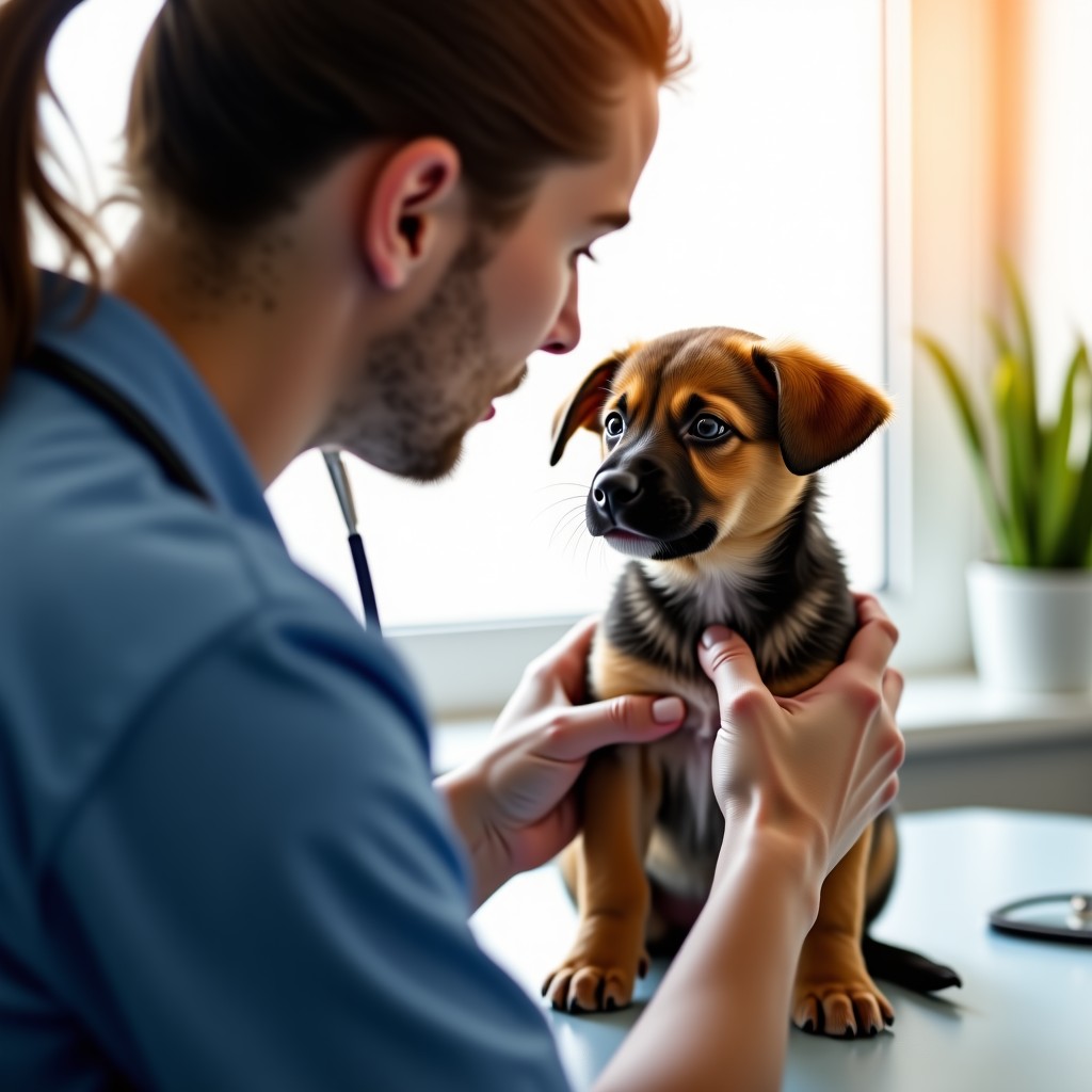 A professional veterinarian examining a small puppy in a modern clinic environment, warm lighting, soft focus, high quality lifestyle photography, 4:3