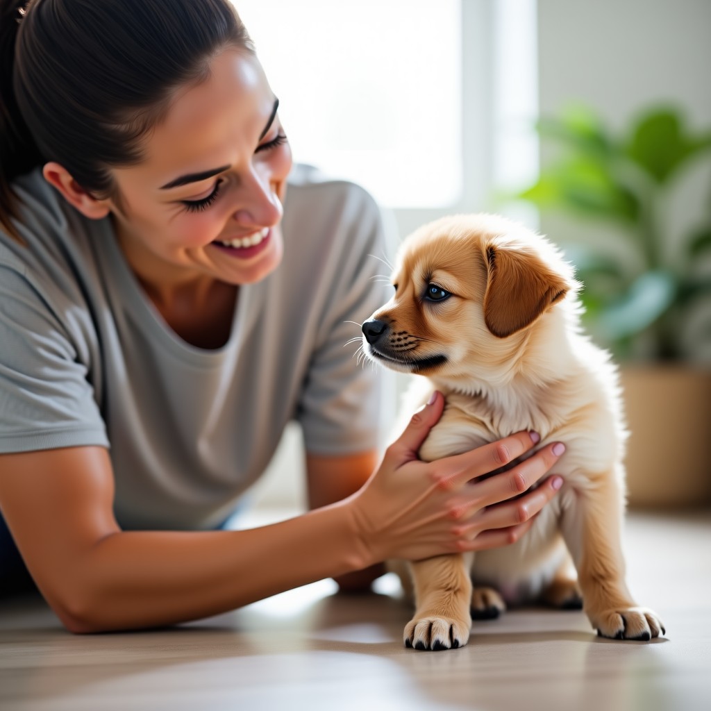 A happy owner playing with a cute fluffy puppy in a clean indoor space, natural interaction, bright lighting, high quality lifestyle photography, 4:3