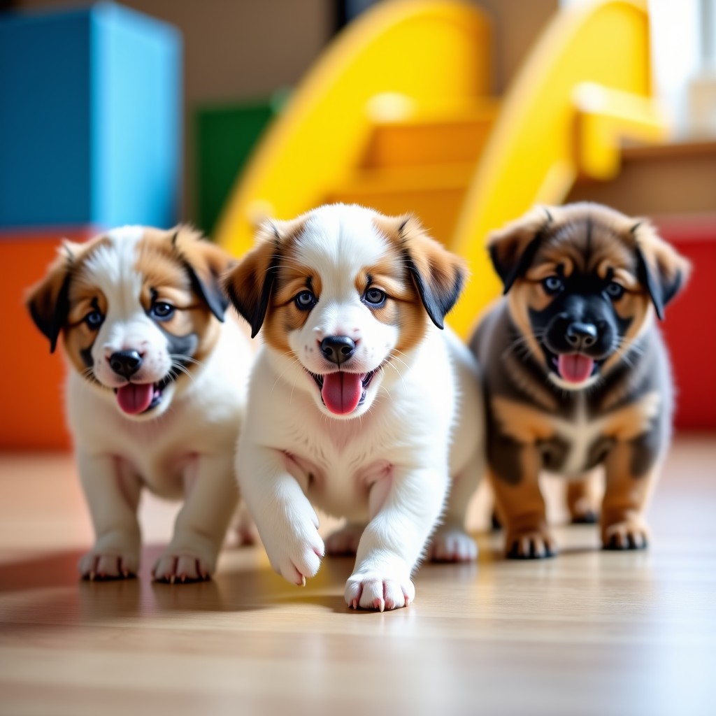 A group of healthy and energetic puppies playing together in a bright and clean indoor play area, candid shot, vibrant colors, 4:3
