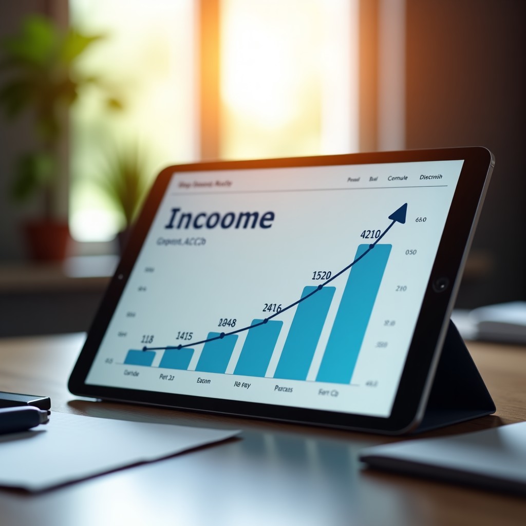 A close up shot of a digital tablet showing a banking app with an income growth chart, natural morning sunlight, minimalist workspace, professional aesthetic, 4:3 aspect ratio