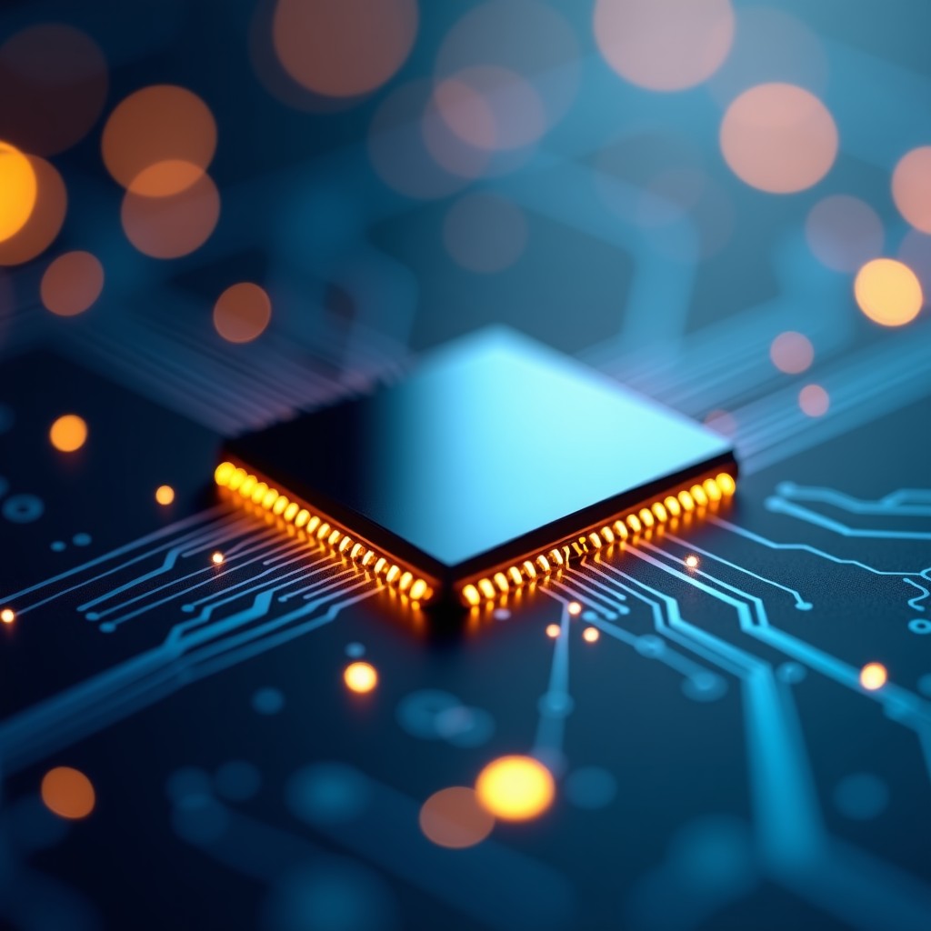 A high-tech semiconductor chip macro photography with bokeh financial data patterns in the background, sophisticated blue and gold tones, 4:3 aspect ratio