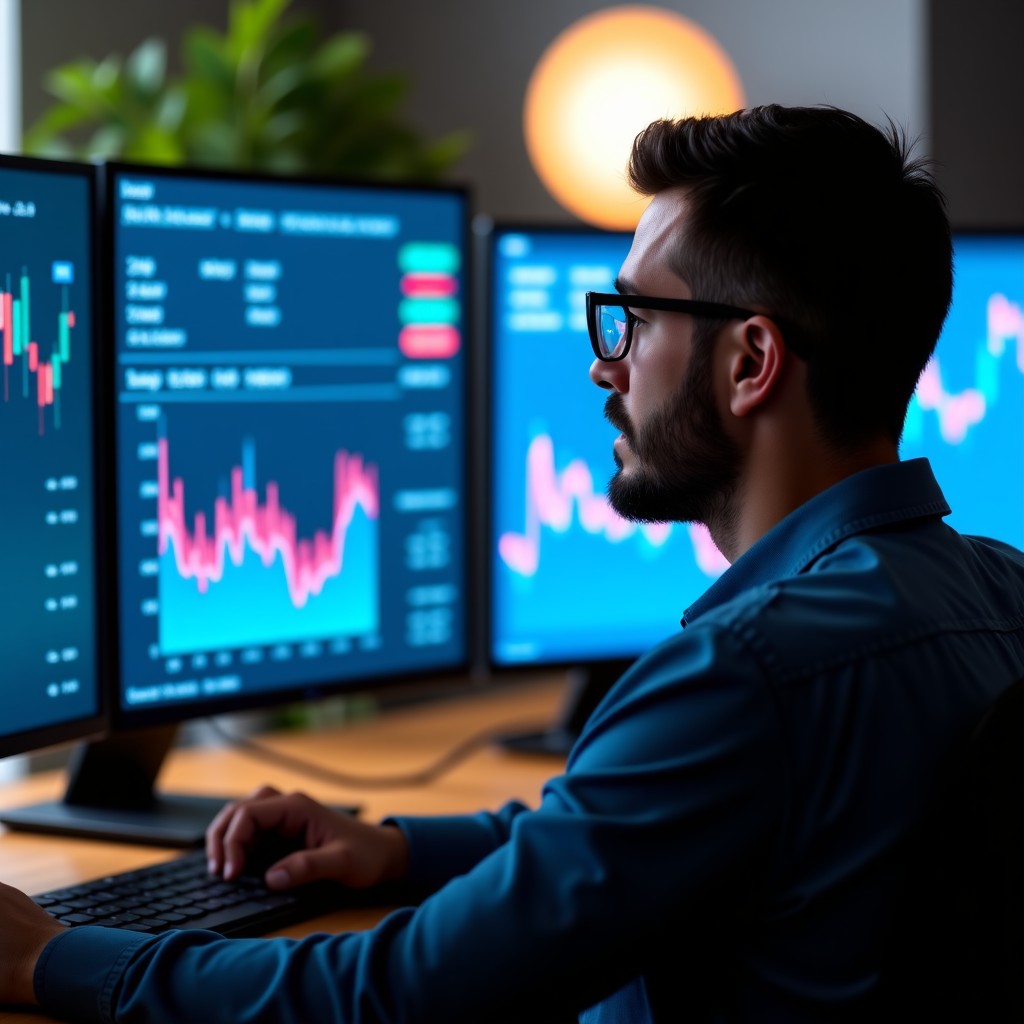 A professional analyst reviewing market trends on multiple monitors, focused expression, modern office interior with soft lighting, realistic photography, 4:3 aspect ratio