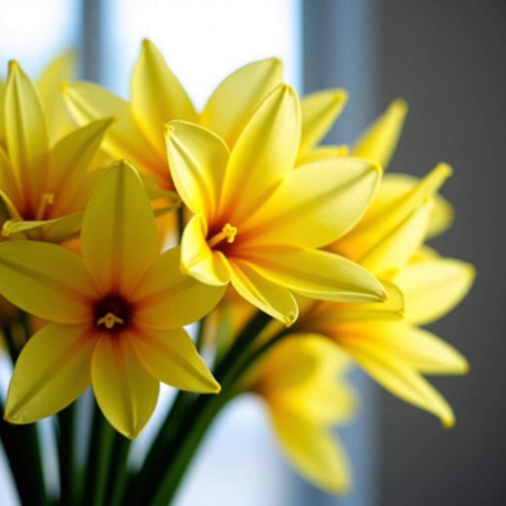 A bouquet of fresh yellow freesias, indoor natural lighting, aesthetic home decor style, soft focus, 4:3 aspect ratio