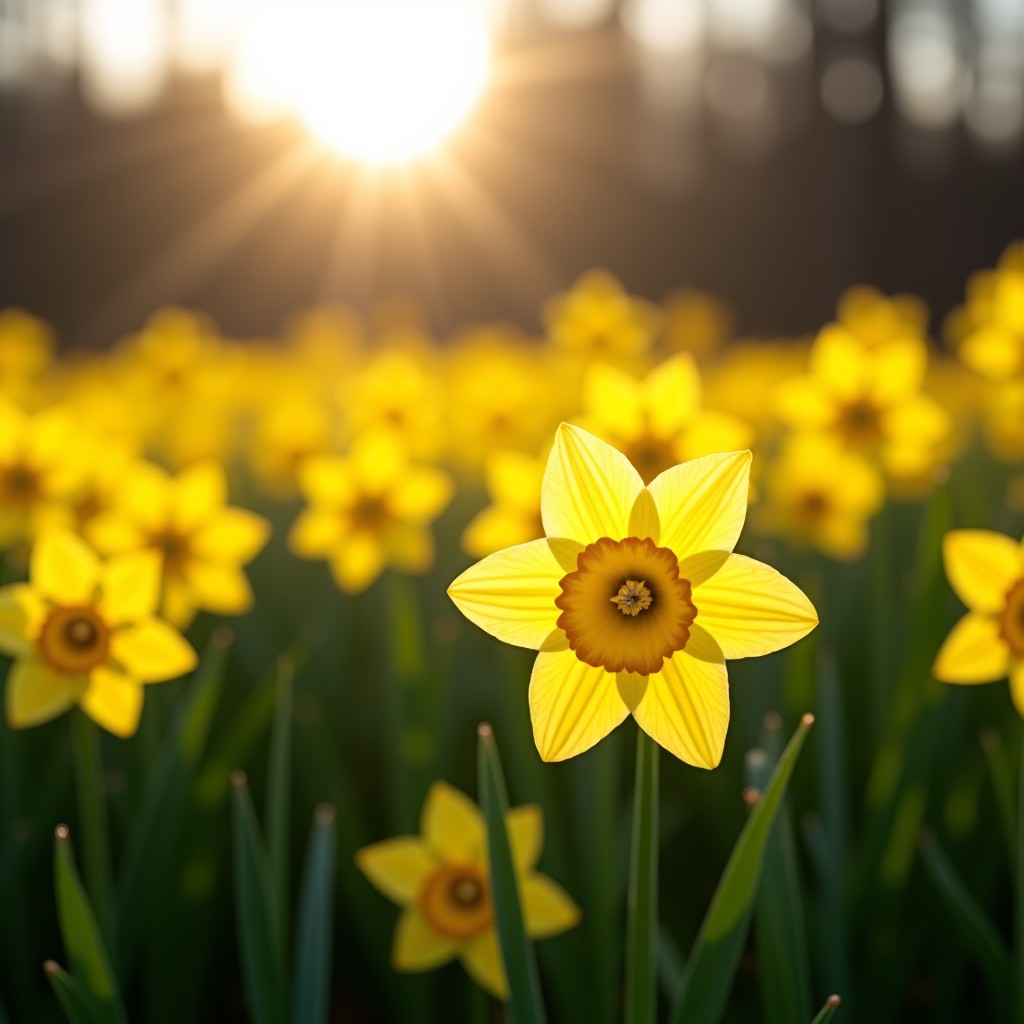A field of yellow daffodils blooming in early spring, morning sunlight, fresh atmosphere, cinematic composition, 4:3 aspect ratio