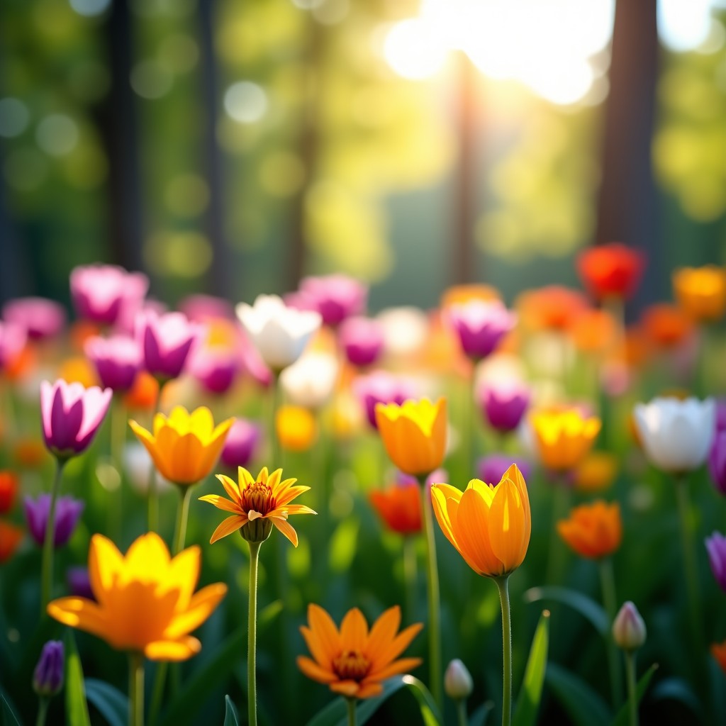 A beautiful garden filled with various blooming spring flowers, soft sunlight filtering through trees, peaceful and vibrant, 4:3 aspect ratio
