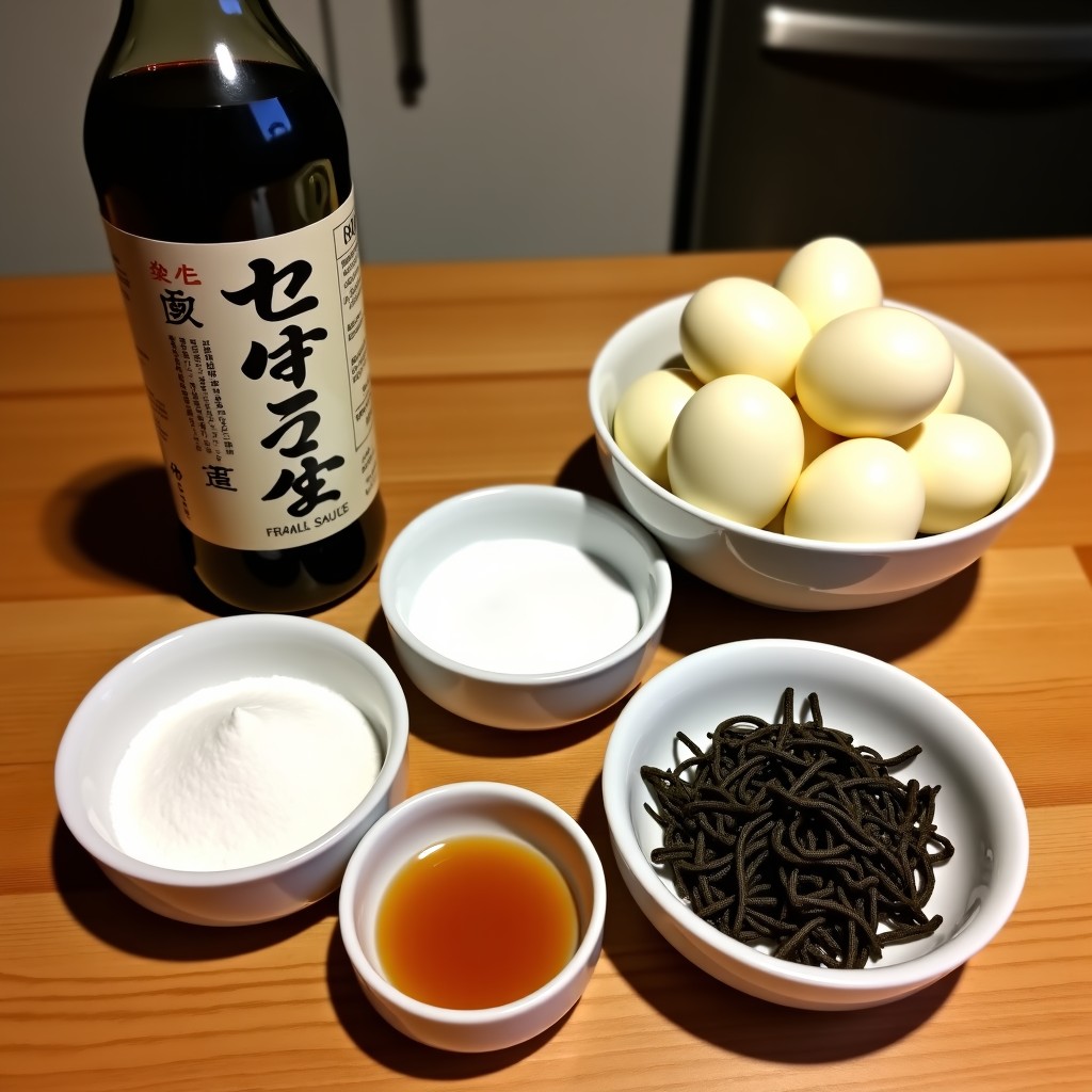 A set of ingredients for soy braised quail eggs including peeled quail eggs in a bowl, soy sauce bottle, sugar, and dried kelp, organized on a wooden table, kitchen setting, high quality, 4:3