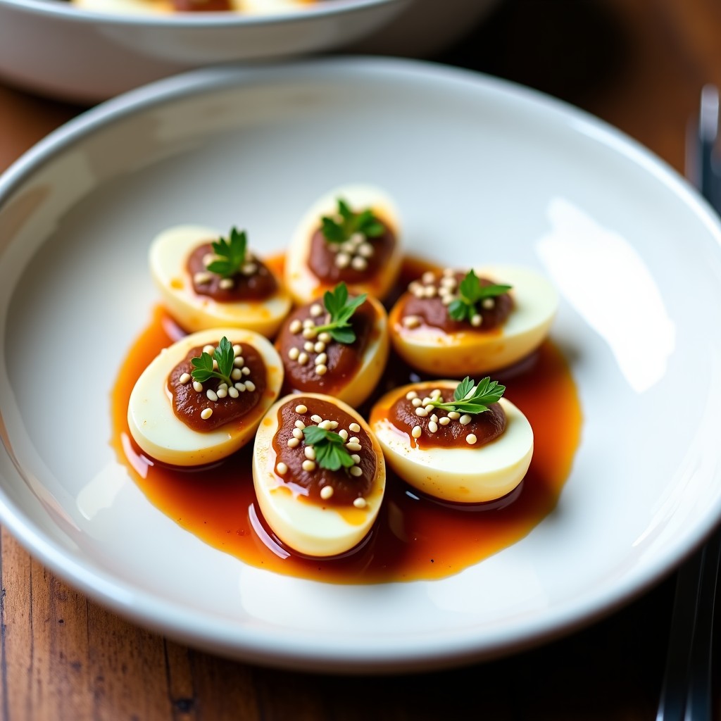 A white ceramic plate filled with finished dark brown braised quail eggs, garnished with sesame seeds, elegant table setting, food blog style, 1:1
