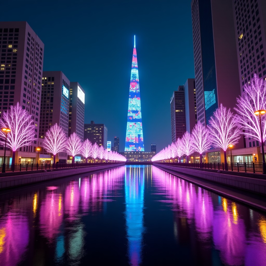 Modern city landmarks in Seoul at night decorated with colorful digital media art displays and light installations, festive atmosphere, vibrant colors, 4:3