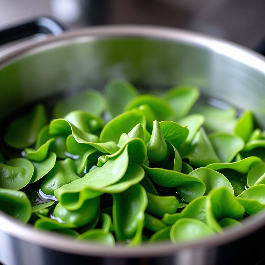 Close-up of green leafy vegetables being blanched in a pot of boiling water with steam rising, professional kitchen setting, bright lighting, 4:3.