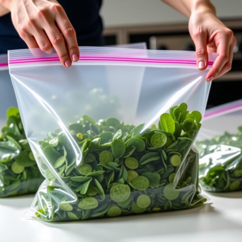 Organized kitchen scene showing portions of blanched leafy vegetables being placed into transparent freezer bags, neatly arranged, modern style, 4:3.