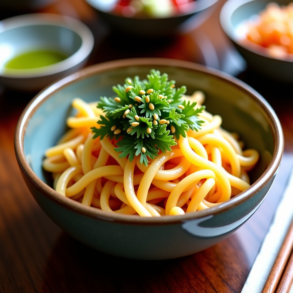 A bowl of Korean bibimbap topped with fresh seasoned Eolgali cabbage and sesame seeds, vibrant colors, aesthetic tableware, 4:3.