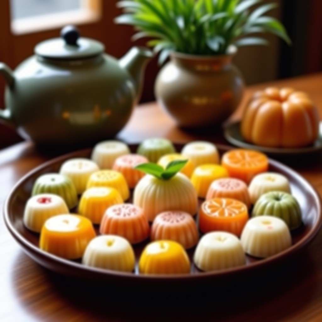 A beautiful arrangement of various traditional Korean rice cakes on a table, tea setting, warm cozy atmosphere, inviting food photography, 4:3 aspect ratio