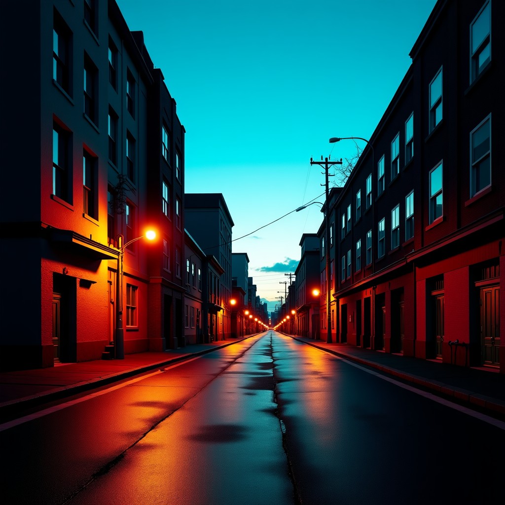 An abandoned city street at twilight with cinematic action movie vibes, wide angle, high contrast, industrial texture, 16:9