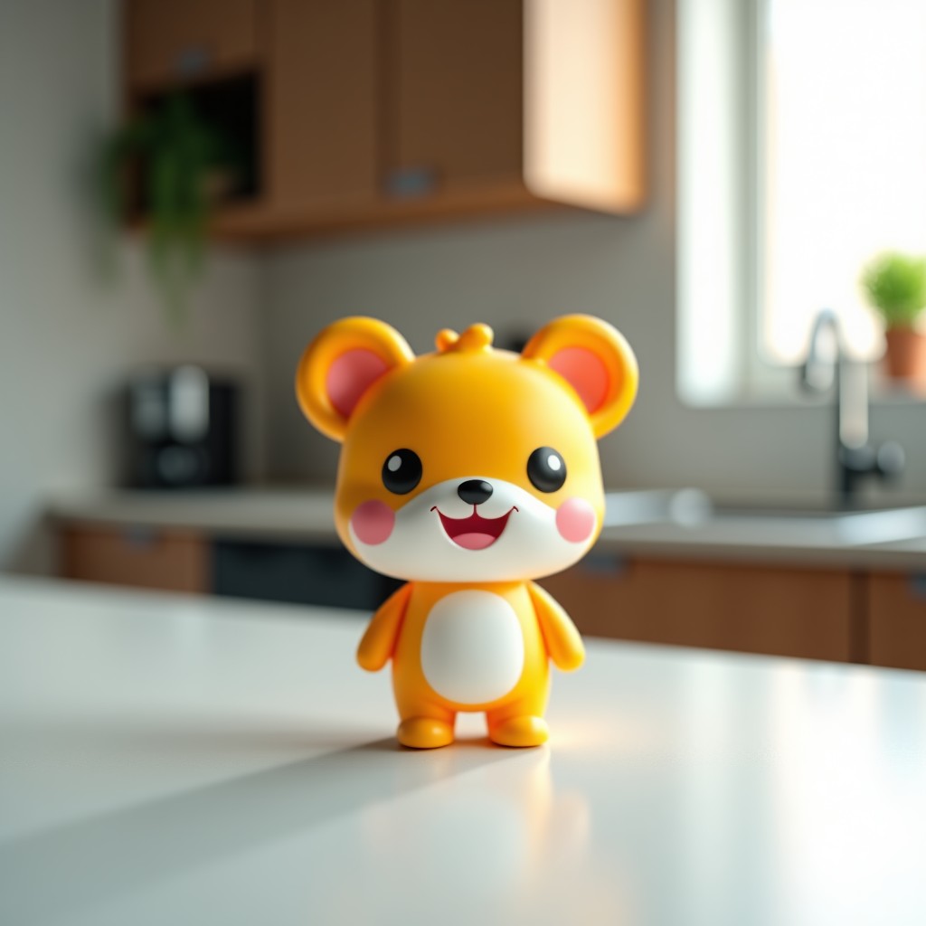 Macro shot of a small cute cartoon figure with vibrant colors on a clean surface, blurred background of a modern kitchen, high detail, 4:3 aspect ratio.