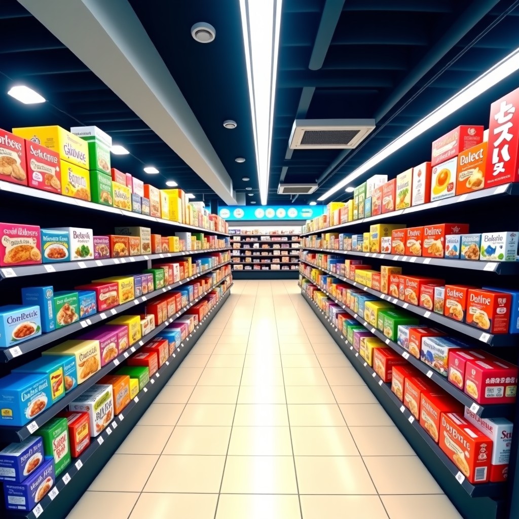 A busy and vibrant Japanese airport duty free shopping area with shelves full of colorful boxes of snacks and souvenirs, high quality realistic photography, bright lighting, 4:3 aspect ratio