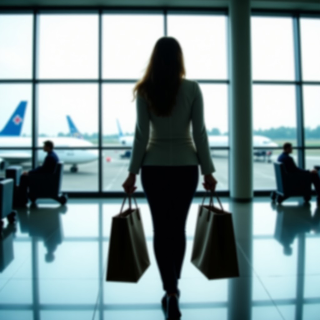 A traveler holding shopping bags in a modern airport terminal, blurred background of airport windows and planes, lifestyle photography, natural light, 4:3 aspect ratio