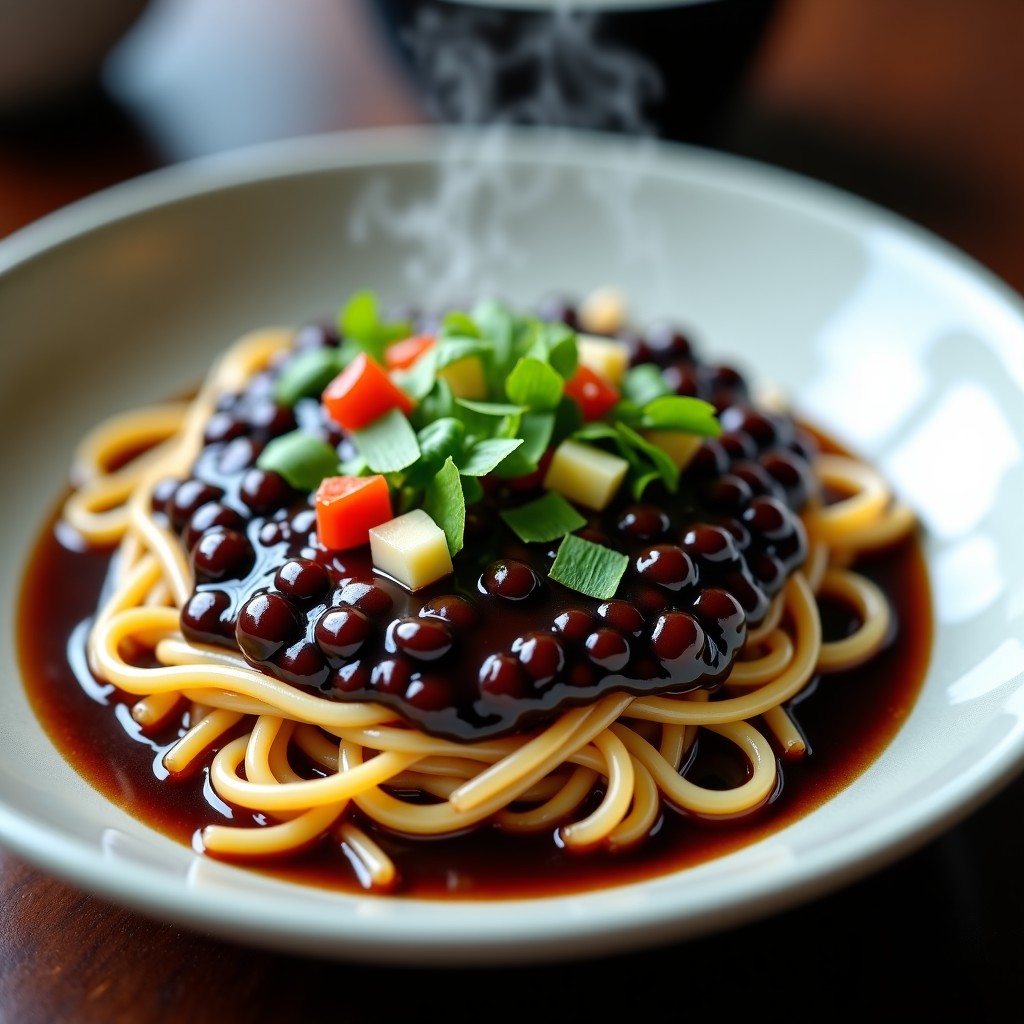 Close up shot of thick dark Chinese black bean sauce with chopped vegetables served on handmade noodles, steam rising, professional food photography, shallow depth of field, 4:3 aspect ratio.