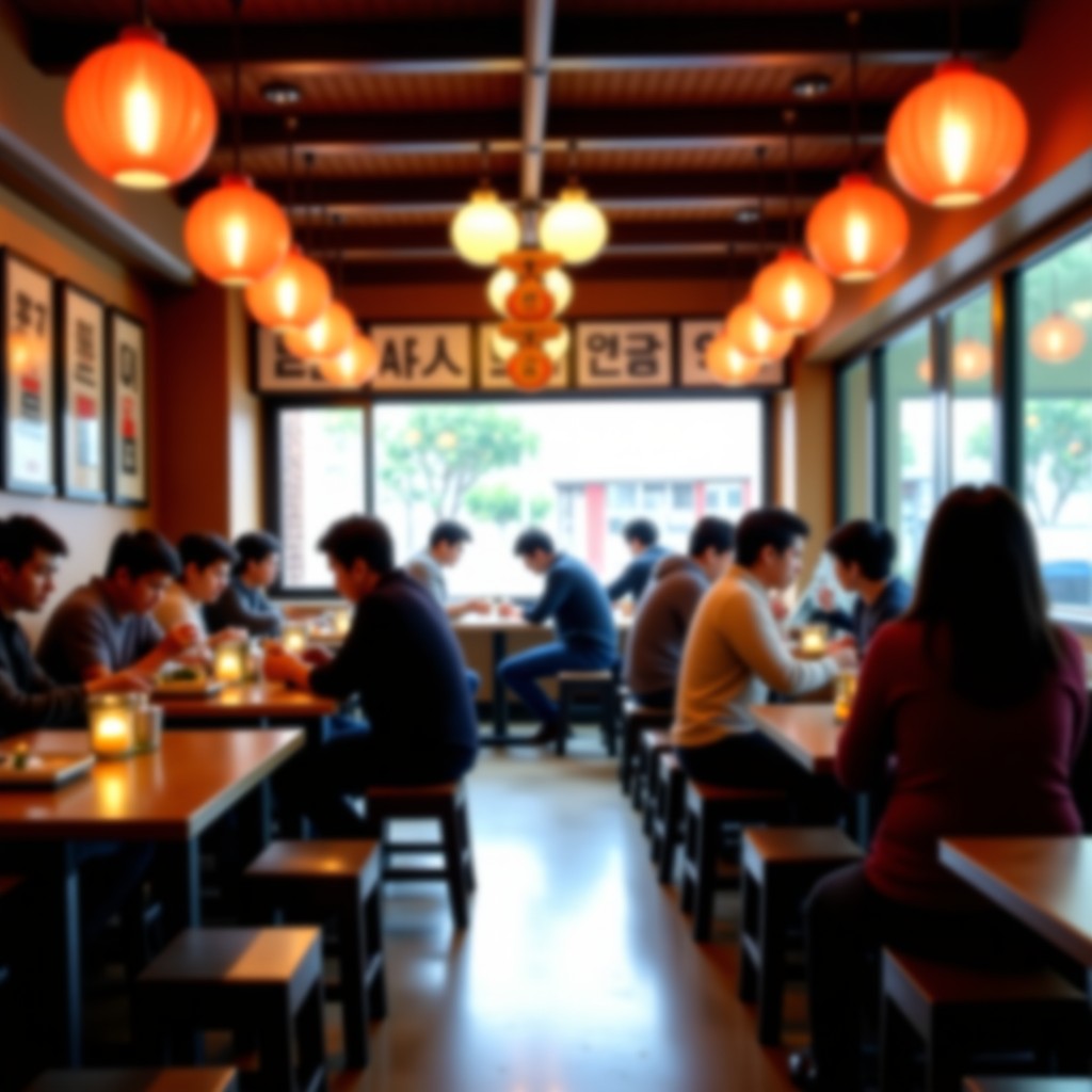 Interior of a busy local Korean-Chinese restaurant with people enjoying their meals, warm lighting, natural atmosphere, authentic dining experience, 4:3 aspect ratio.