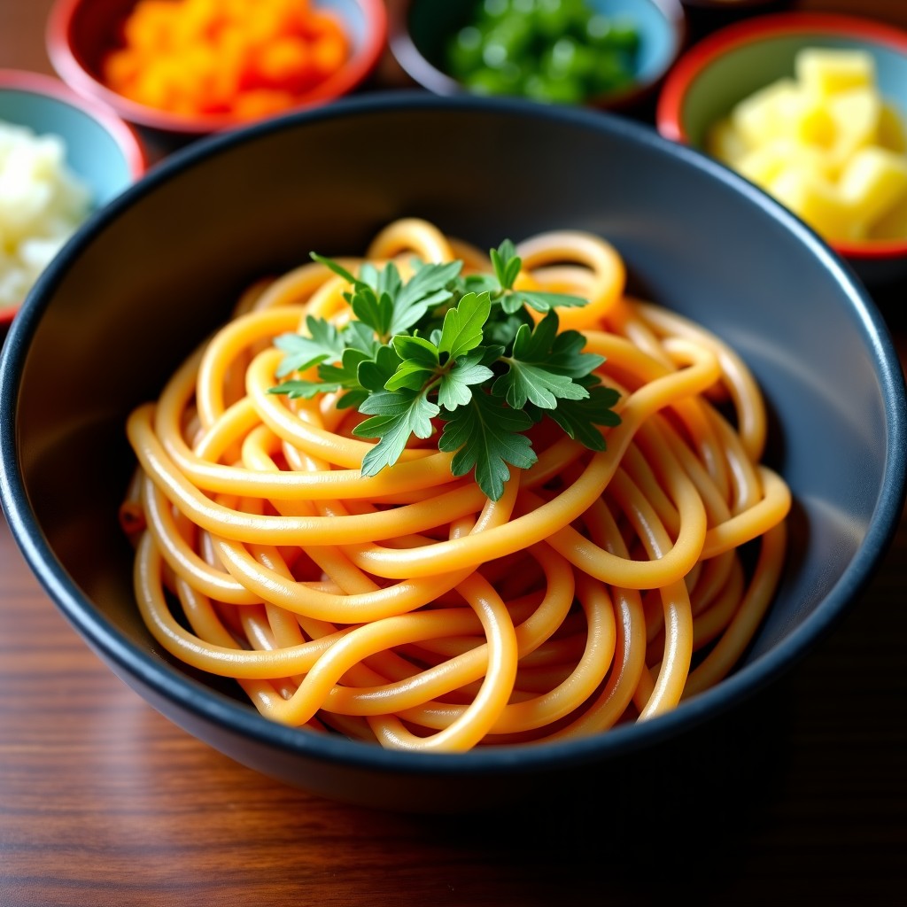 A bowl of savory Jajangmyeon served on a wooden table with side dishes like yellow pickled radish and onions, top view, appetizing presentation, professional lighting, 4:3 aspect ratio.