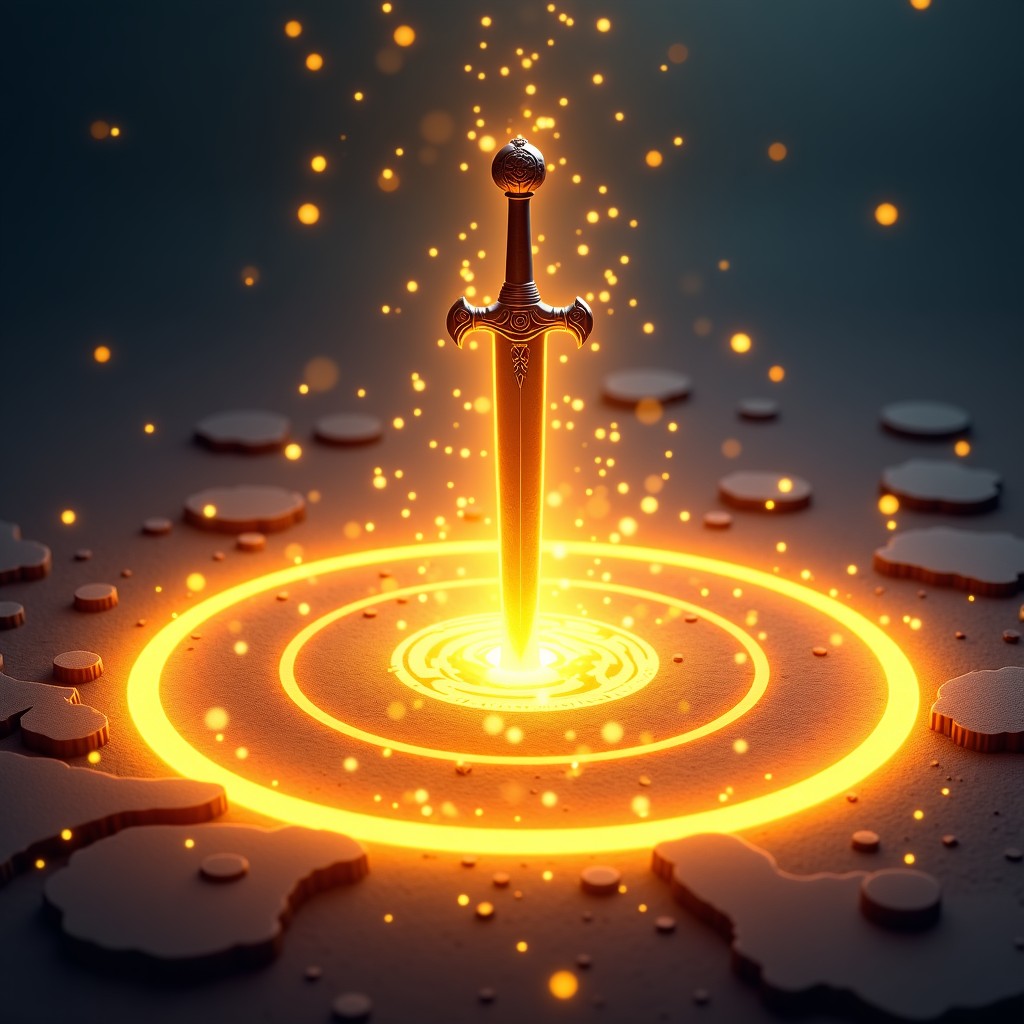 A glowing magical seal on the ground with a sword inserted in the center, sparks of golden energy floating in the air, abstract fantasy magic background, detailed textures, 4:3 aspect ratio