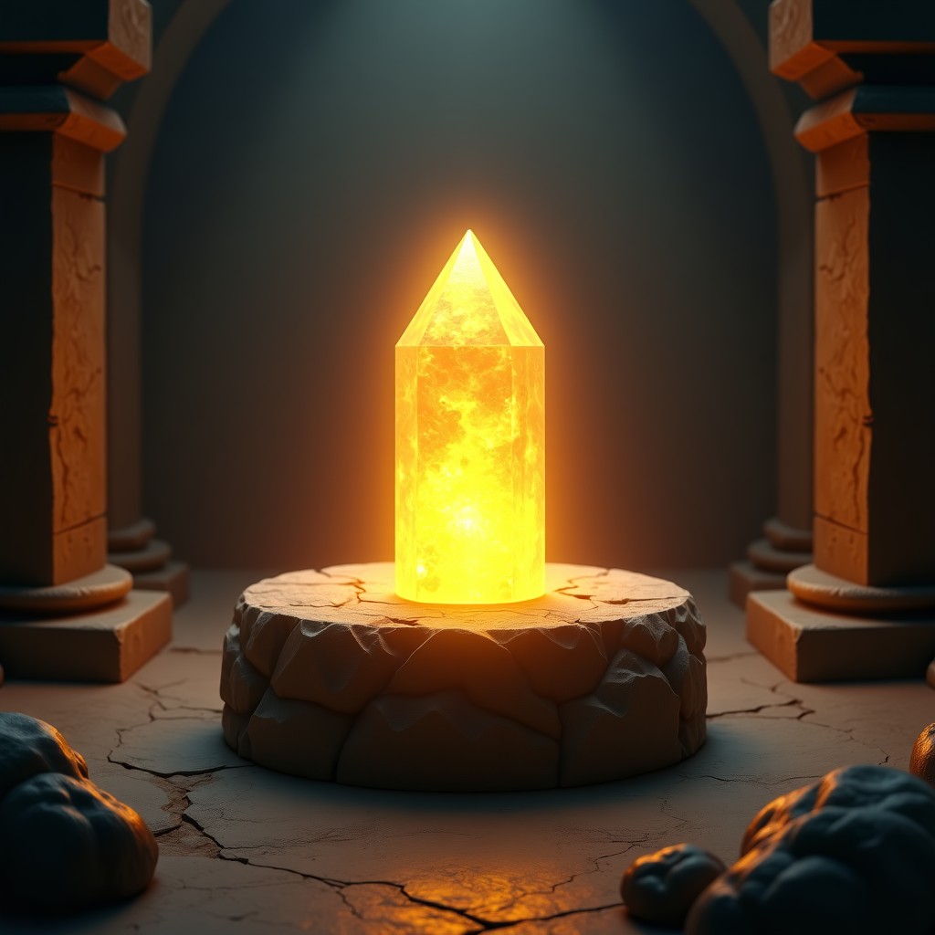 A mystical glowing crystal floating above a stone pedestal in a dimly lit chamber, soft golden light illuminating the surroundings, mysterious atmosphere, high detail, 4:3 aspect ratio