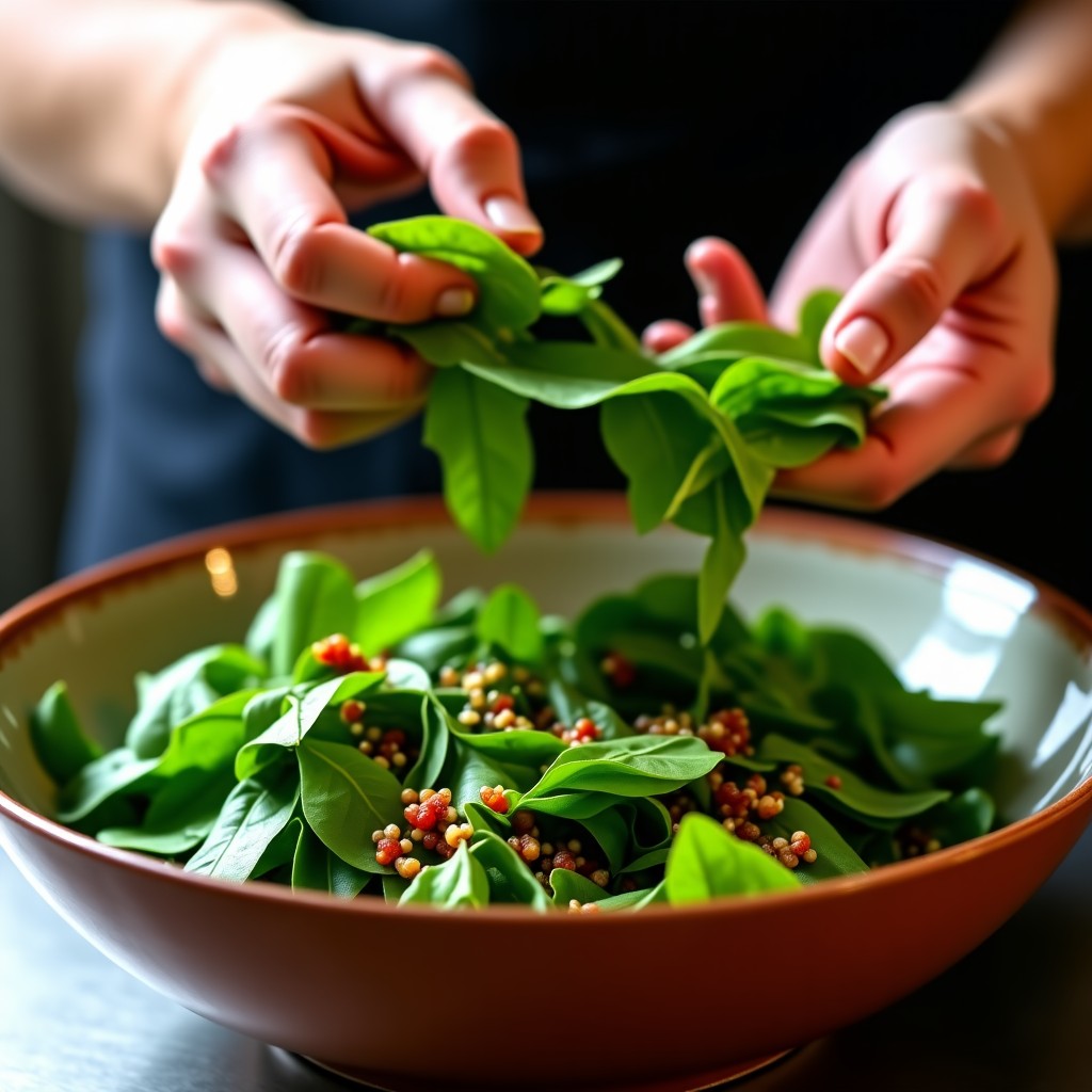 Close-up shot of hands tossing fresh cut green bomdong leaves with spicy miso-based seasoning in a large ceramic bowl, professional kitchen vibe, vibrant colors, 4:3 aspect ratio