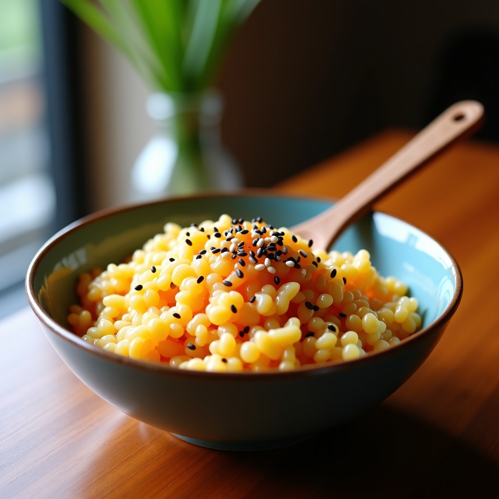 A delicious bowl of mixed rice with fresh seasoned bomdong, sesame seeds sprinkled on top, wooden spoon, blurred home dining background, warm lighting, 4:3 aspect ratio
