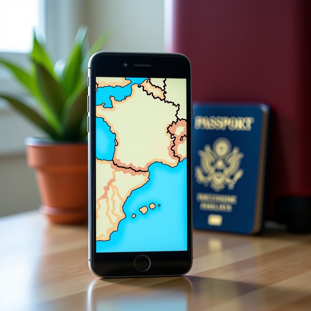 A smartphone displaying a travel map with a passport and a suitcase in the background, modern travel concept, sharp focus, 4:3 aspect ratio