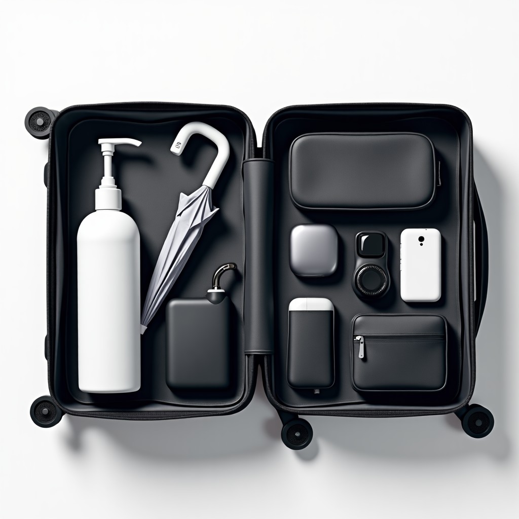 An open suitcase filled with organized travel items, toiletry kit, umbrella, and modern gadgets, top down view, organized and clean, 4:3 aspect ratio