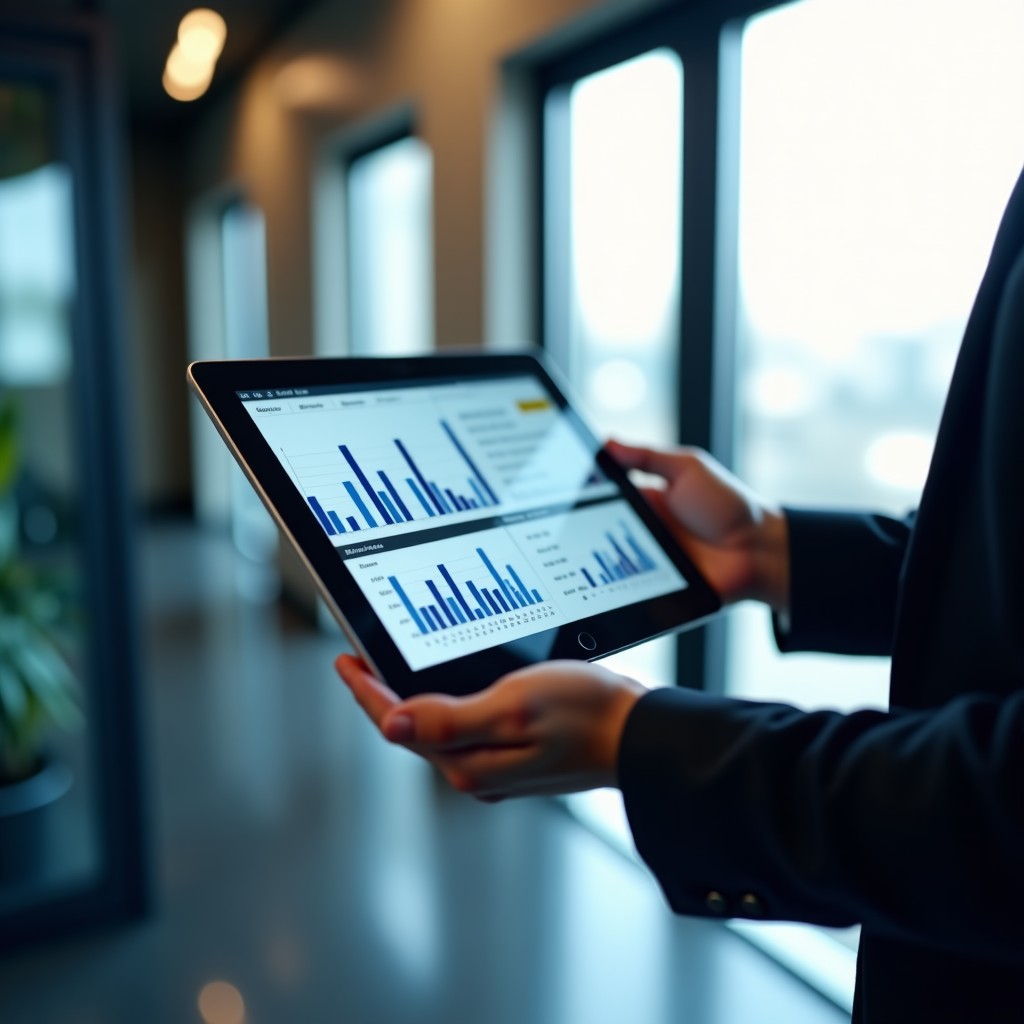 Digital tablet displaying financial growth charts and corporate research data in a modern office space, shallow depth of field, 4:3