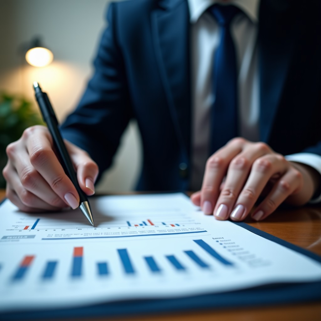 Close up of a professional analyzing investment documents and market trends on a desk, cinematic lighting, 4:3
