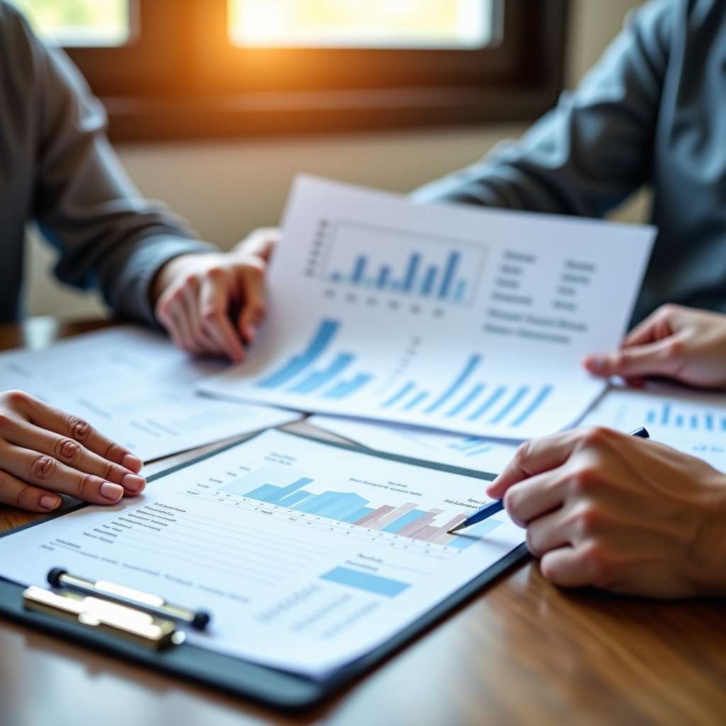 Hands holding various financial documents and application forms on a wooden table, organized workspace, natural lighting, professional and calm atmosphere, 4:3 aspect ratio