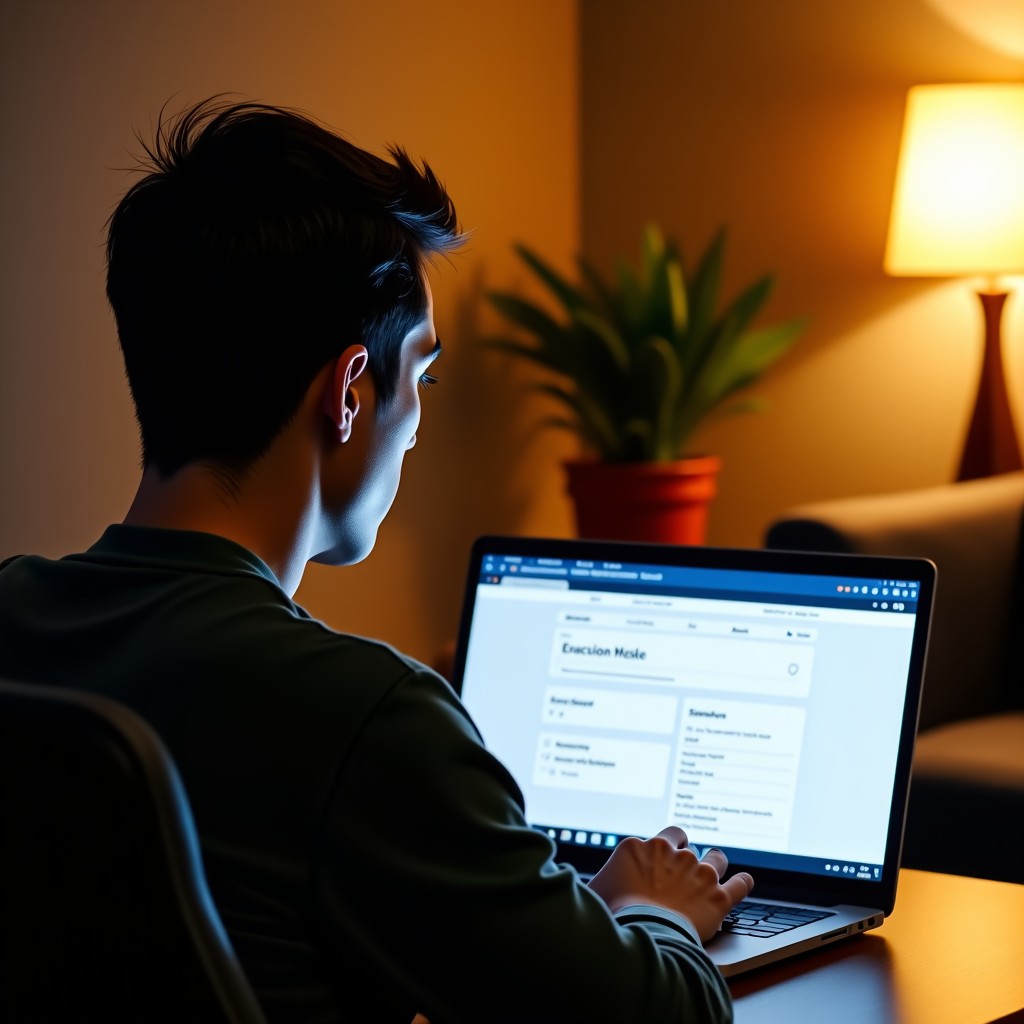 A person sitting in a quiet room looking at an online educational portal on a laptop, focused expression, cozy and professional interior, bright lighting, 4:3 aspect ratio