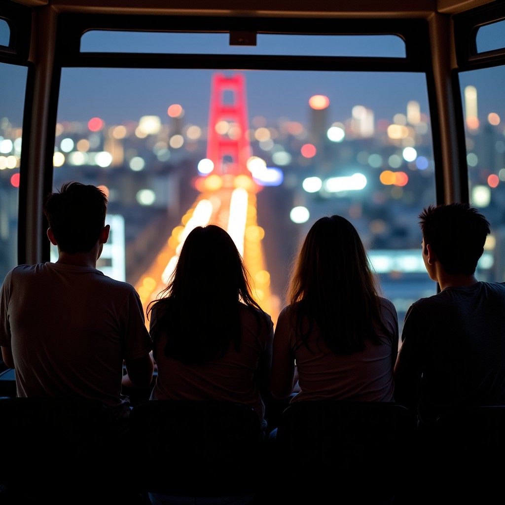 A group of young international tourists watching the night view of Seoul from a cable car, cozy atmosphere, glowing city lights, candid moment, lifestyle photography, 4:3 aspect ratio.