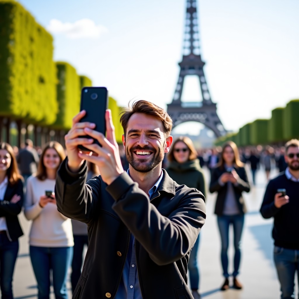 A cheerful French man taking photos of his friends in a public square near a famous tower, natural light, joyful expressions, candid photography, 4:3 aspect ratio.