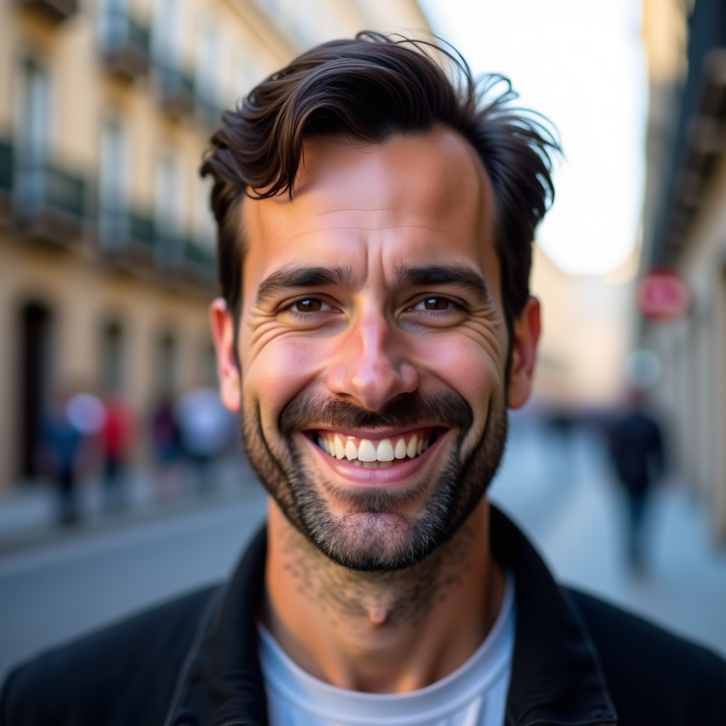 Close-up portrait of a friendly French man smiling warmly, urban outdoor setting with blurred background, soft natural lighting, high quality, 4:3 aspect ratio.
