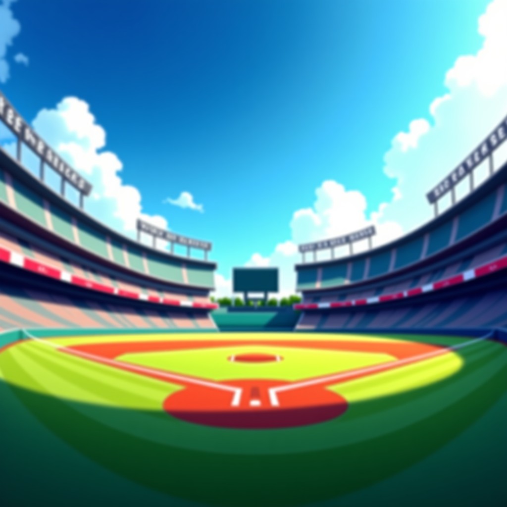A vibrant baseball stadium view with blue sky, focus on the outfield advertising boards, high resolution, realistic, 4:3