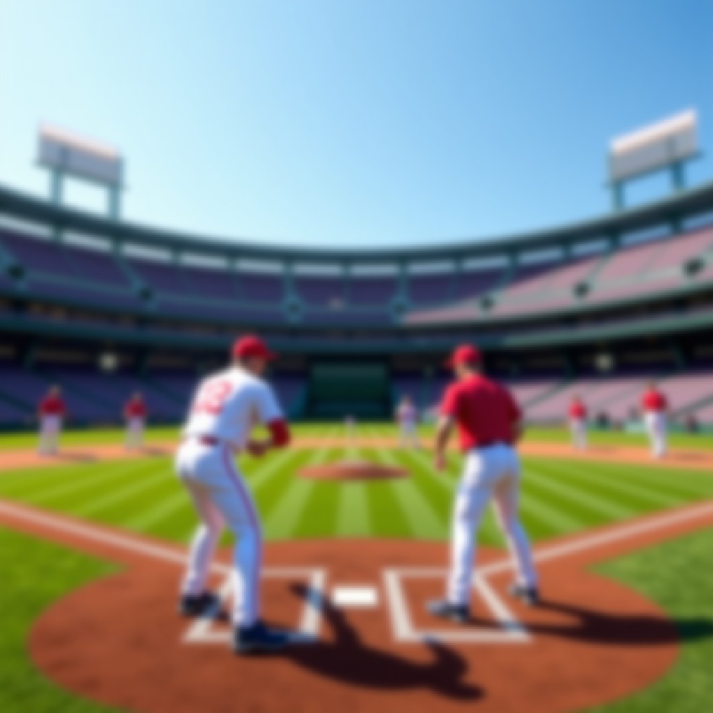 Professional baseball players practicing in a stadium, motion blur of a ball, realistic, daytime, 4:3