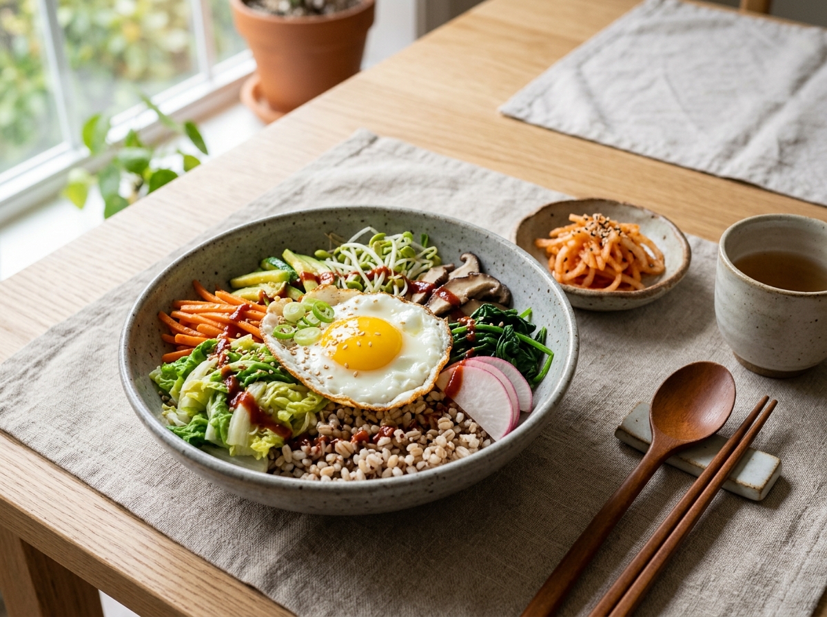 정갈하게 차려진 봄동비빔밥 한상