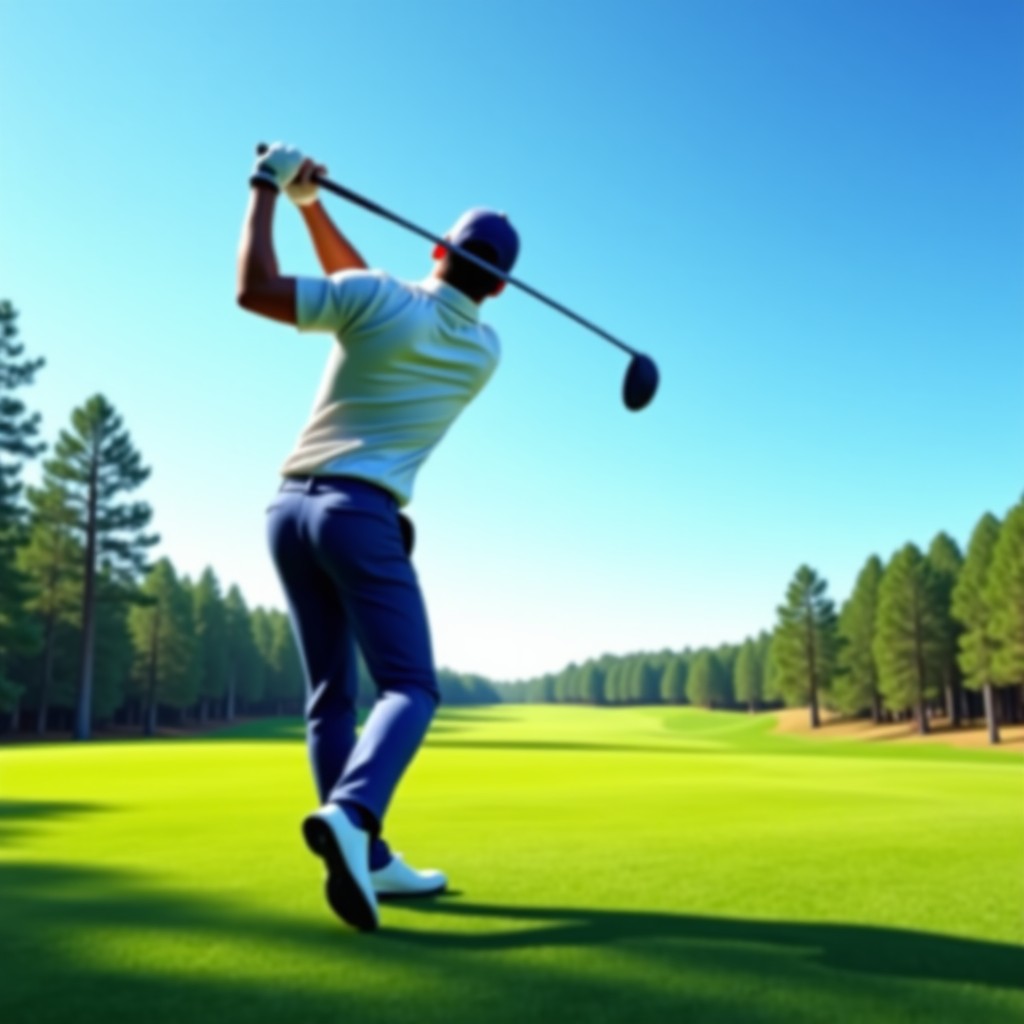 A professional golfer swinging a club on a green course, blue sky, bright daylight, realistic photography, 4:3