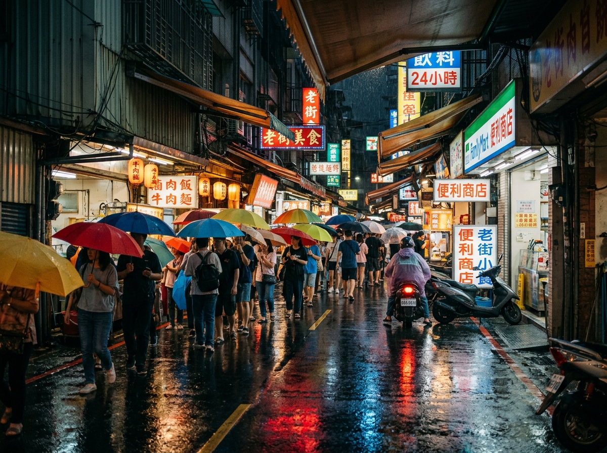 대만 여행 중 비 오는 거리