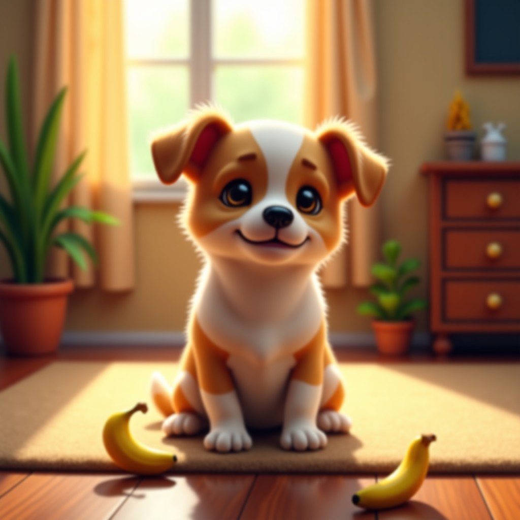 A cute dog sitting patiently waiting for a small slice of banana, warm indoor lighting, shallow depth of field, realistic, 4:3