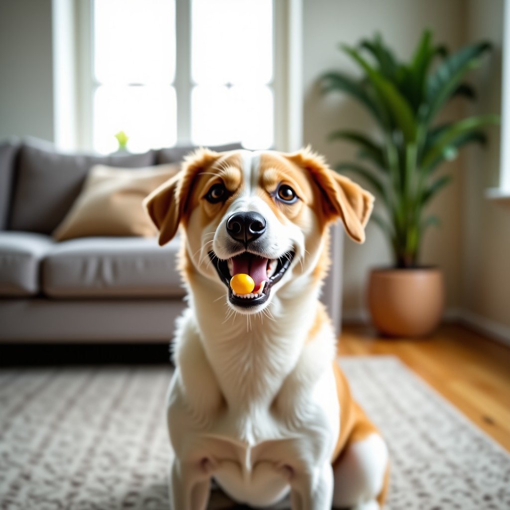 A happy dog enjoying a small piece of fruit in a clean living room, soft focus, high quality photography, natural color palette, 4:3