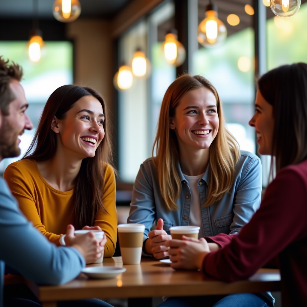 A group of young adults in a casual cafe setting, laughing and chatting, realistic style, soft natural lighting, depth of field, 1:1 aspect ratio
