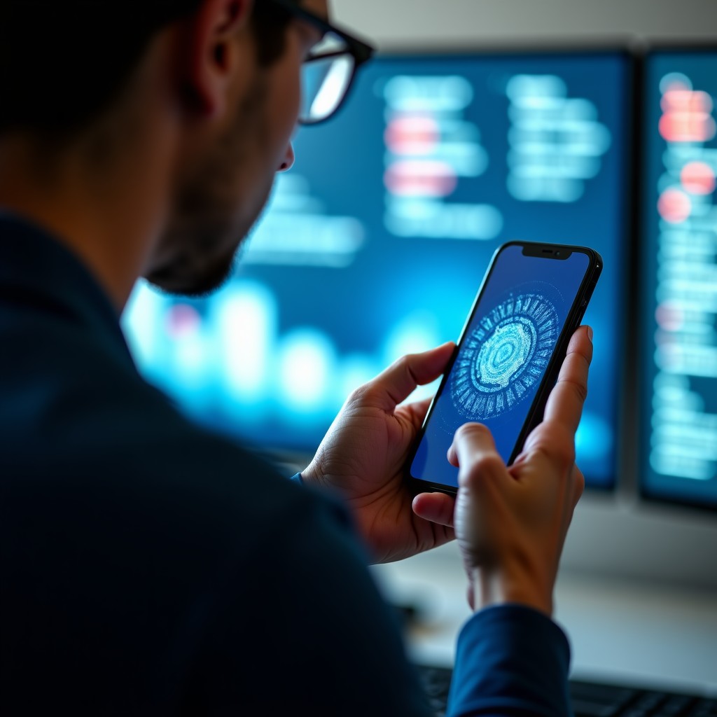 A person looking at a smartphone screen with bright digital elements around, modern home office background, clean aesthetic, high quality, 1:1 aspect ratio