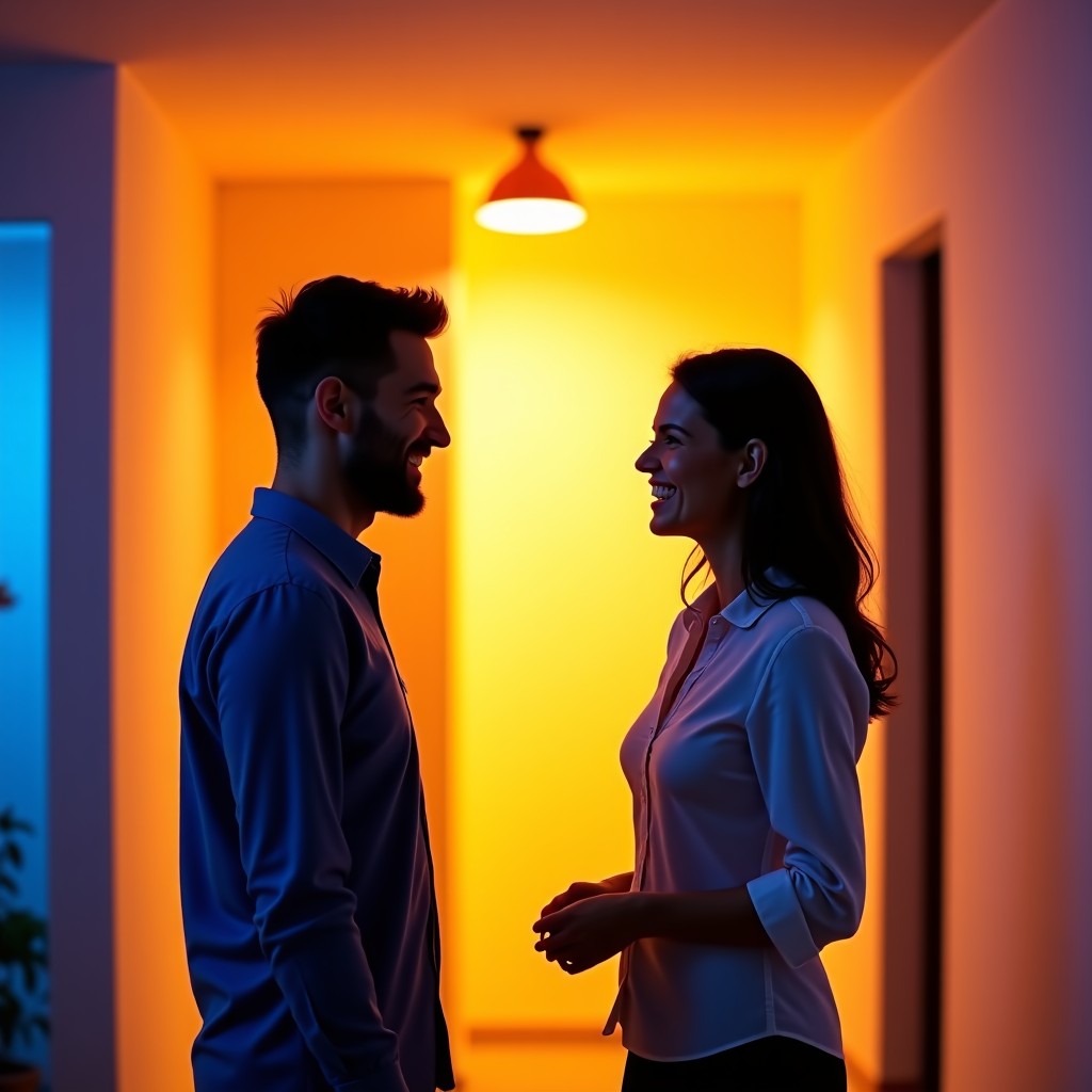 Two people smiling and talking in a colorful modern space, high contrast, clean interior, artistic composition, 1:1 aspect ratio