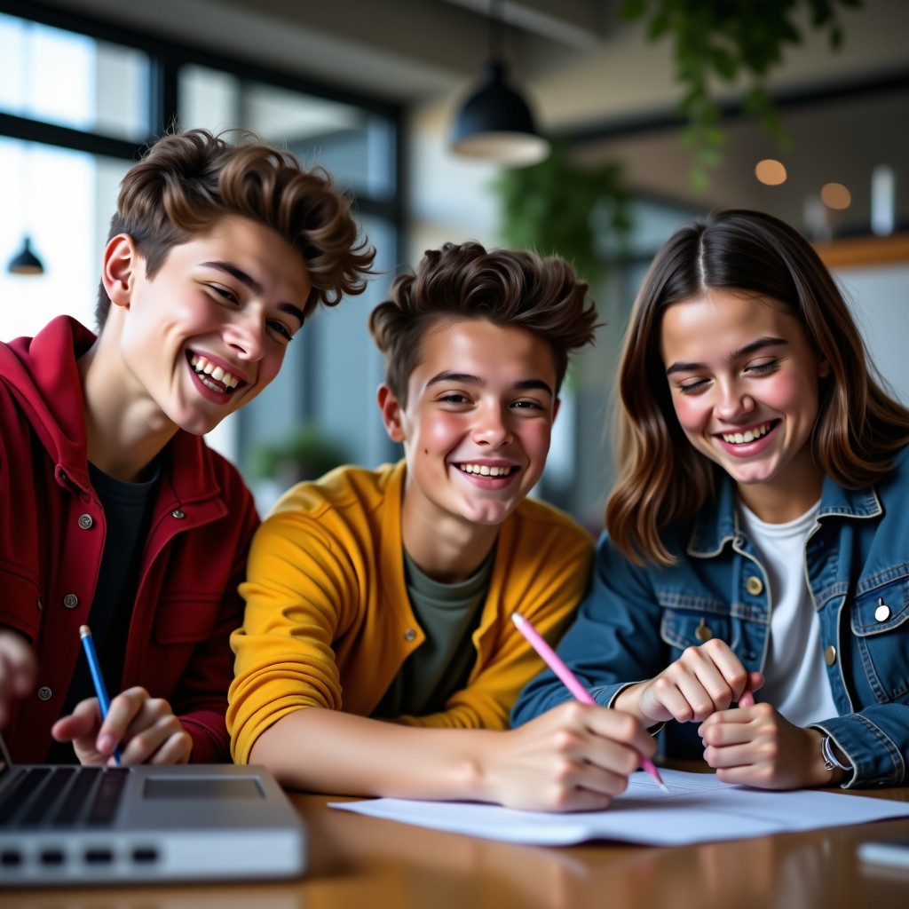 A group of creative young teenagers working in a modern studio, candid shot, urban fashion, expressive and energetic, soft natural studio lighting, 4:3 ratio.
