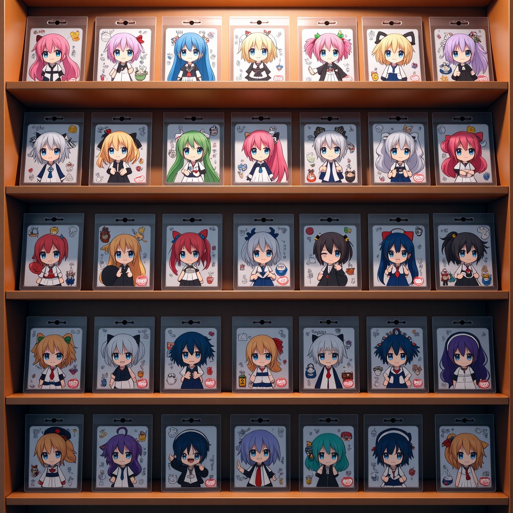 Wide shot of a retail display shelf filled with anime character merchandise, acrylic stands, badges, keychains, clean and organized, studio lighting, high resolution, 4:3 ratio.