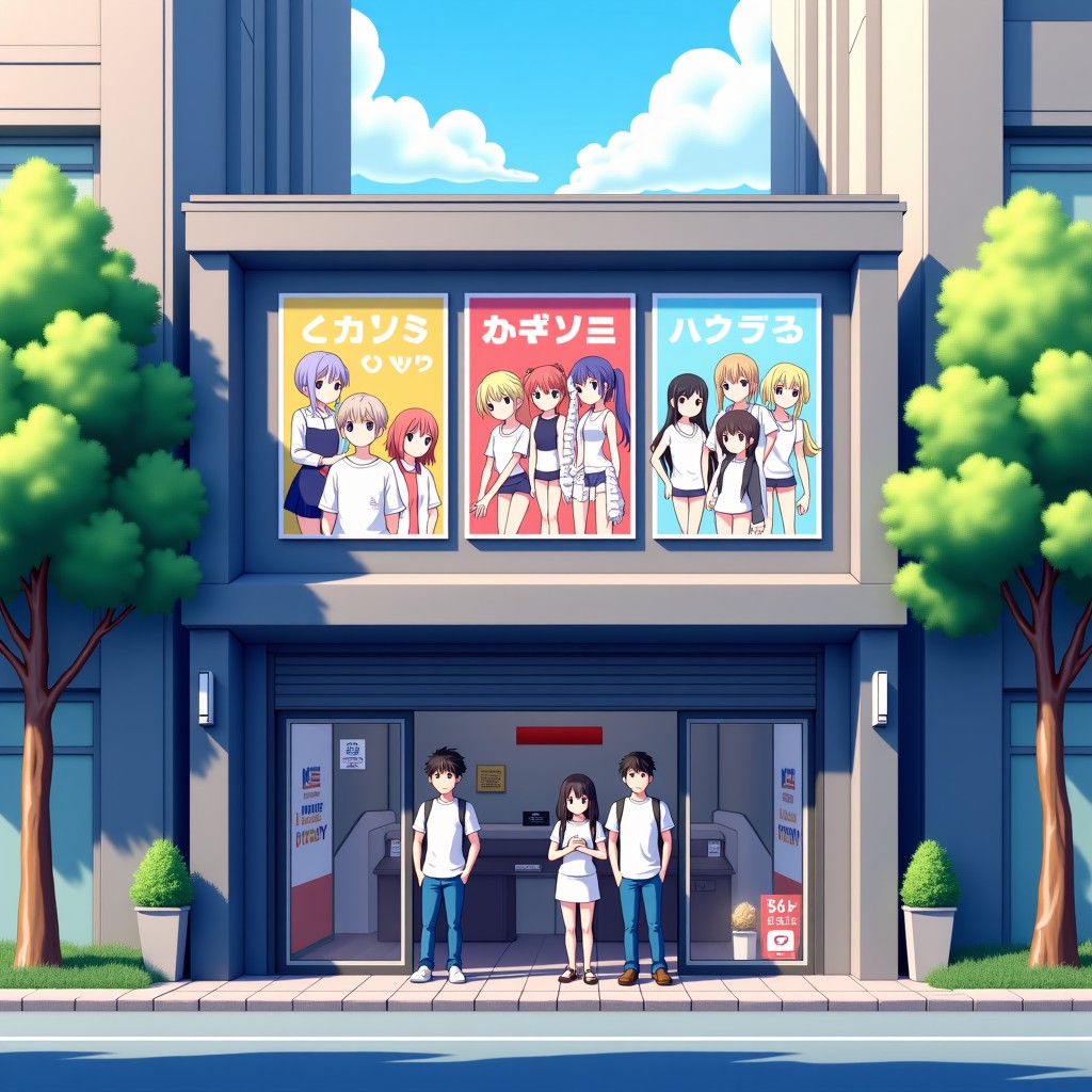 Modern exterior of a shop decorated with anime collaboration posters, people lining up, clean cityscape background, bright daylight, realistic style, 16:9 ratio.