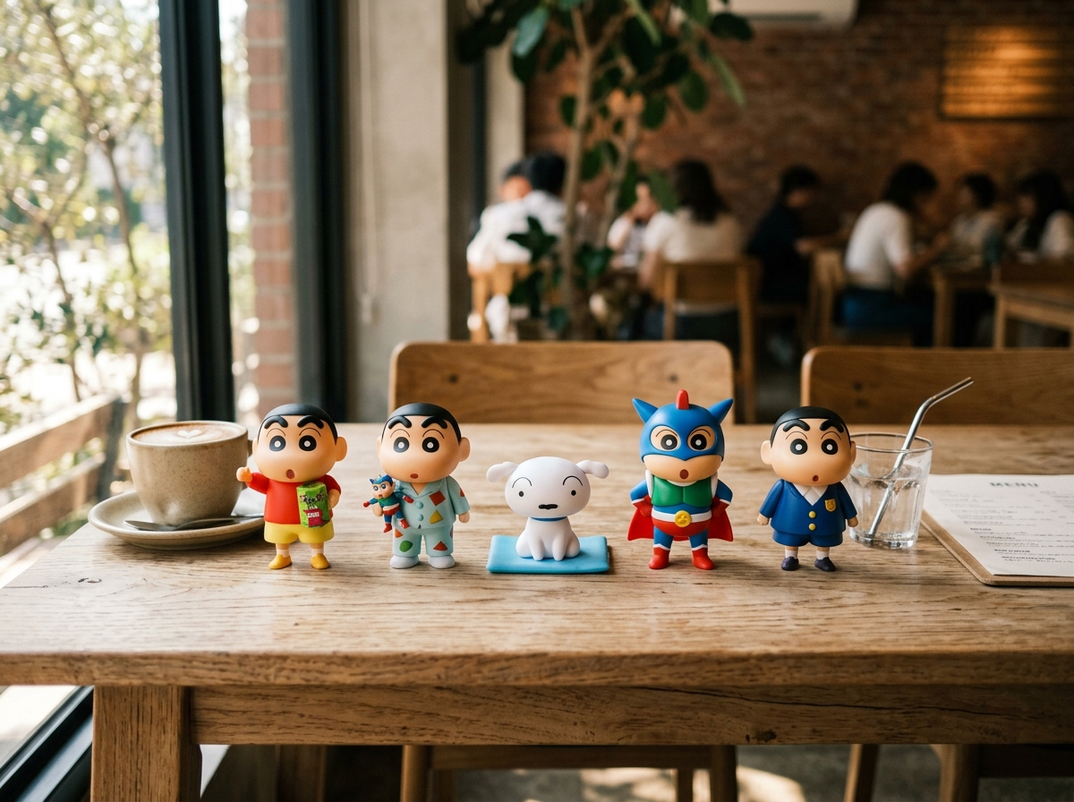 테이블 위에 놓인 짱구 장난감들